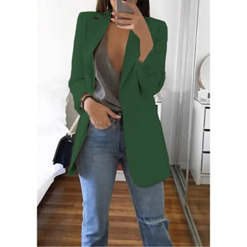 Fashionkova  Office Lady Blazer Coats Lapel Long Sleeve Solid Cardigan Jackets Black Plus Size Lining Pocket Suits Blazer 17 Colors