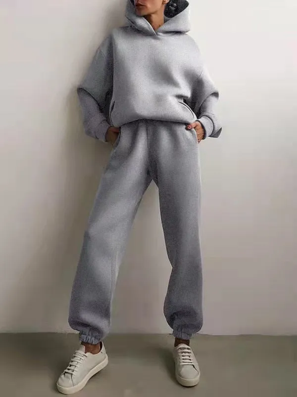 Fashionkova  Solid Women Fleece-Lined 2 Piece Set Suits Winter Warm Elegant Tracksuit Hoodies Oversized Pullover Sweatshirt Pants Sportwear