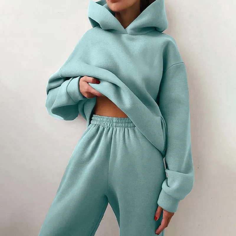 Fashionkova  Solid Women Fleece-Lined 2 Piece Set Suits Winter Warm Elegant Tracksuit Hoodies Oversized Pullover Sweatshirt Pants Sportwear