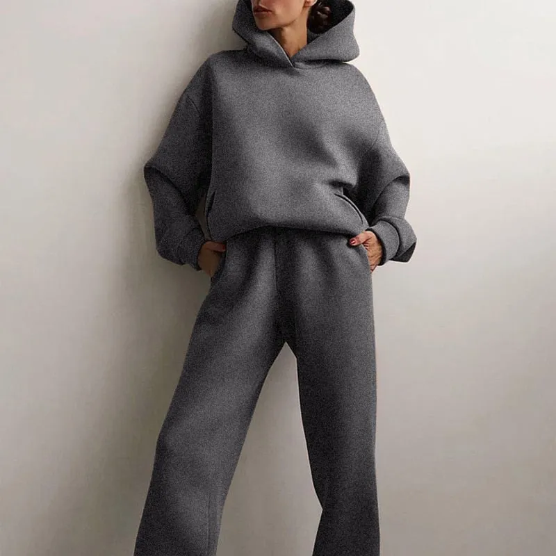 Fashionkova  Solid Women Fleece-Lined 2 Piece Set Suits Winter Warm Elegant Tracksuit Hoodies Oversized Pullover Sweatshirt Pants Sportwear