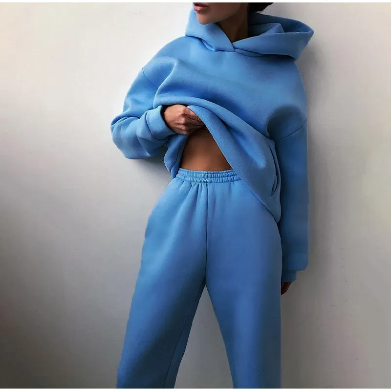 Fashionkova  Solid Women Fleece-Lined 2 Piece Set Suits Winter Warm Elegant Tracksuit Hoodies Oversized Pullover Sweatshirt Pants Sportwear