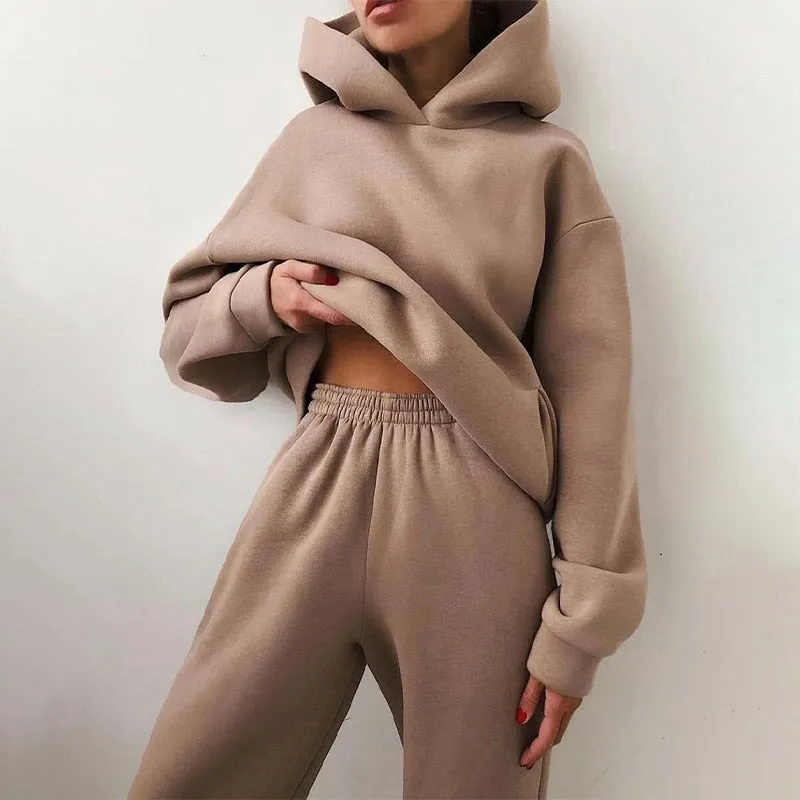 Fashionkova  Solid Women Fleece-Lined 2 Piece Set Suits Winter Warm Elegant Tracksuit Hoodies Oversized Pullover Sweatshirt Pants Sportwear