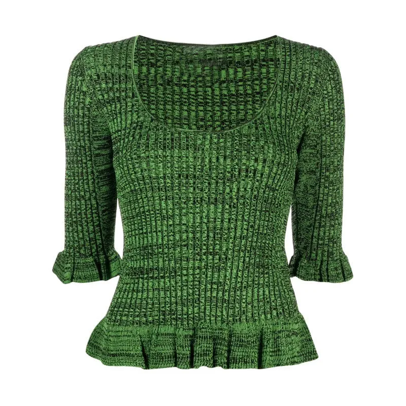 Feminine Green Ruffled Trim Half Sleeve Scoop Neck Marled Rib Knit Fitted Sweater