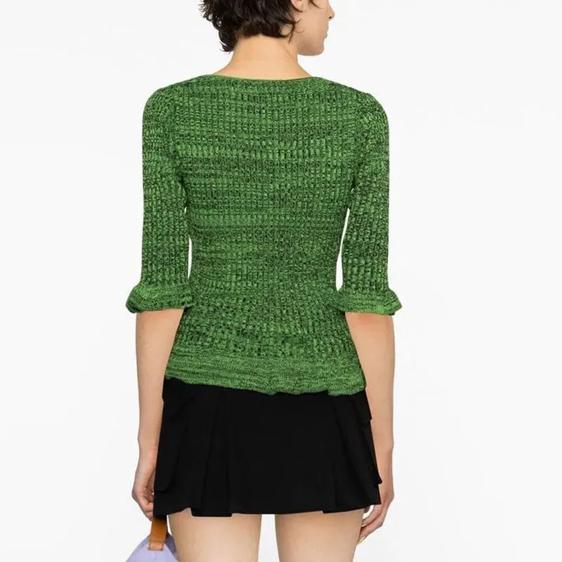 Feminine Green Ruffled Trim Half Sleeve Scoop Neck Marled Rib Knit Fitted Sweater