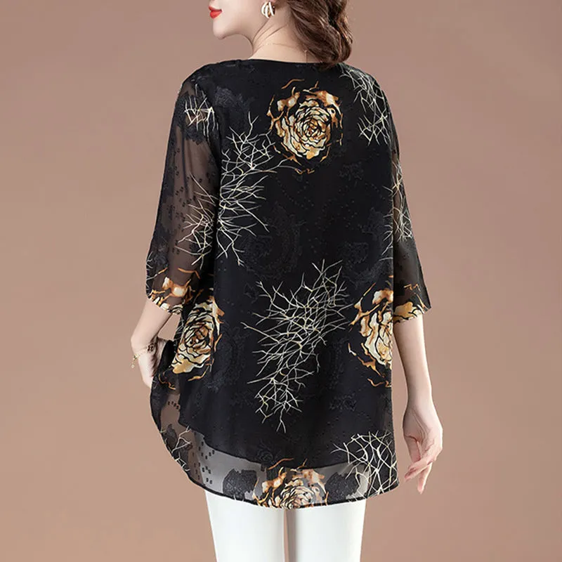 Floral 3/4 Sleeve Crew Neck Flowy Mesh Blouse