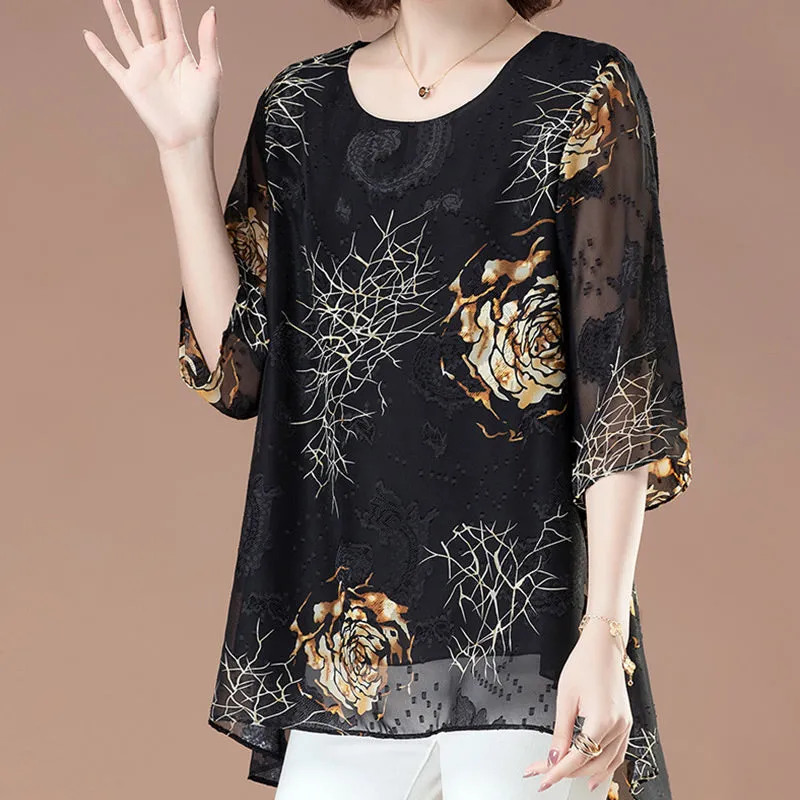 Floral 3/4 Sleeve Crew Neck Flowy Mesh Blouse