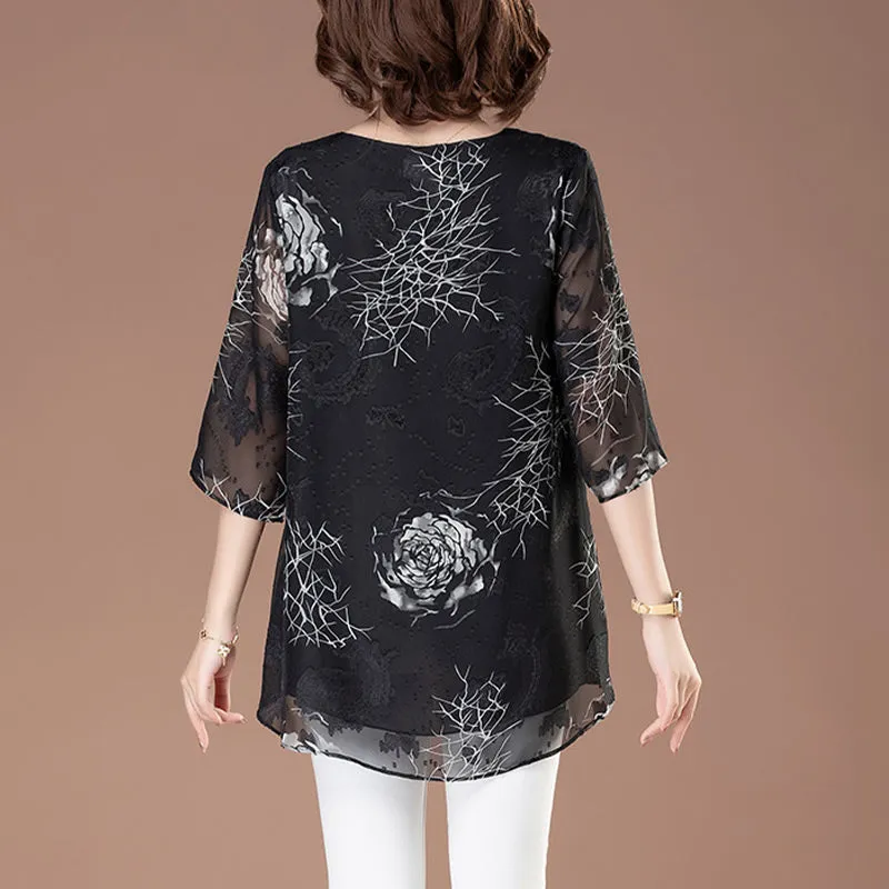 Floral 3/4 Sleeve Crew Neck Flowy Mesh Blouse