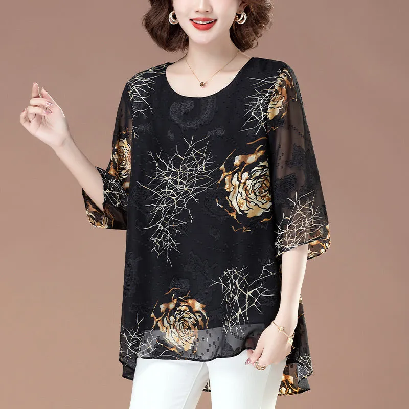 Floral 3/4 Sleeve Crew Neck Flowy Mesh Blouse