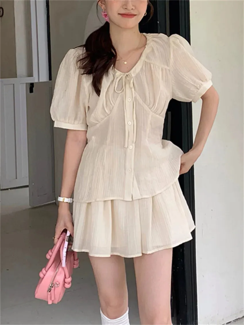 Girlary Apricot Women Sweet Suits Elegant Summer Daily Office Lady Solid Shirts Slim All Match Loose Shorts Gentle Sets