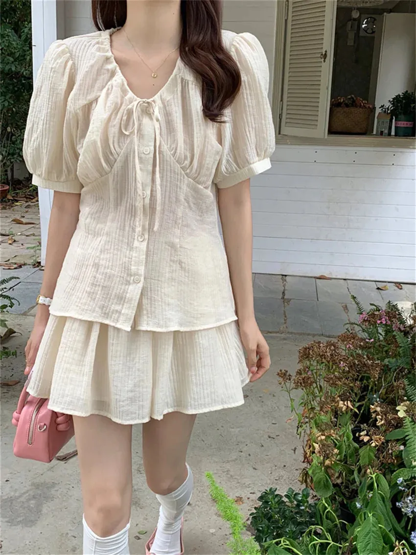 Girlary Apricot Women Sweet Suits Elegant Summer Daily Office Lady Solid Shirts Slim All Match Loose Shorts Gentle Sets