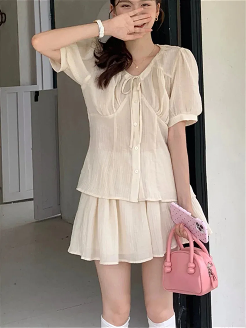 Girlary Apricot Women Sweet Suits Elegant Summer Daily Office Lady Solid Shirts Slim All Match Loose Shorts Gentle Sets