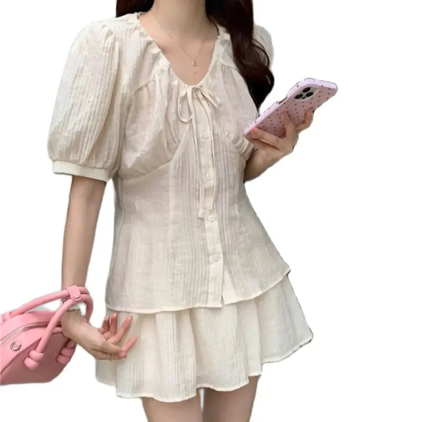 Girlary Apricot Women Sweet Suits Elegant Summer Daily Office Lady Solid Shirts Slim All Match Loose Shorts Gentle Sets