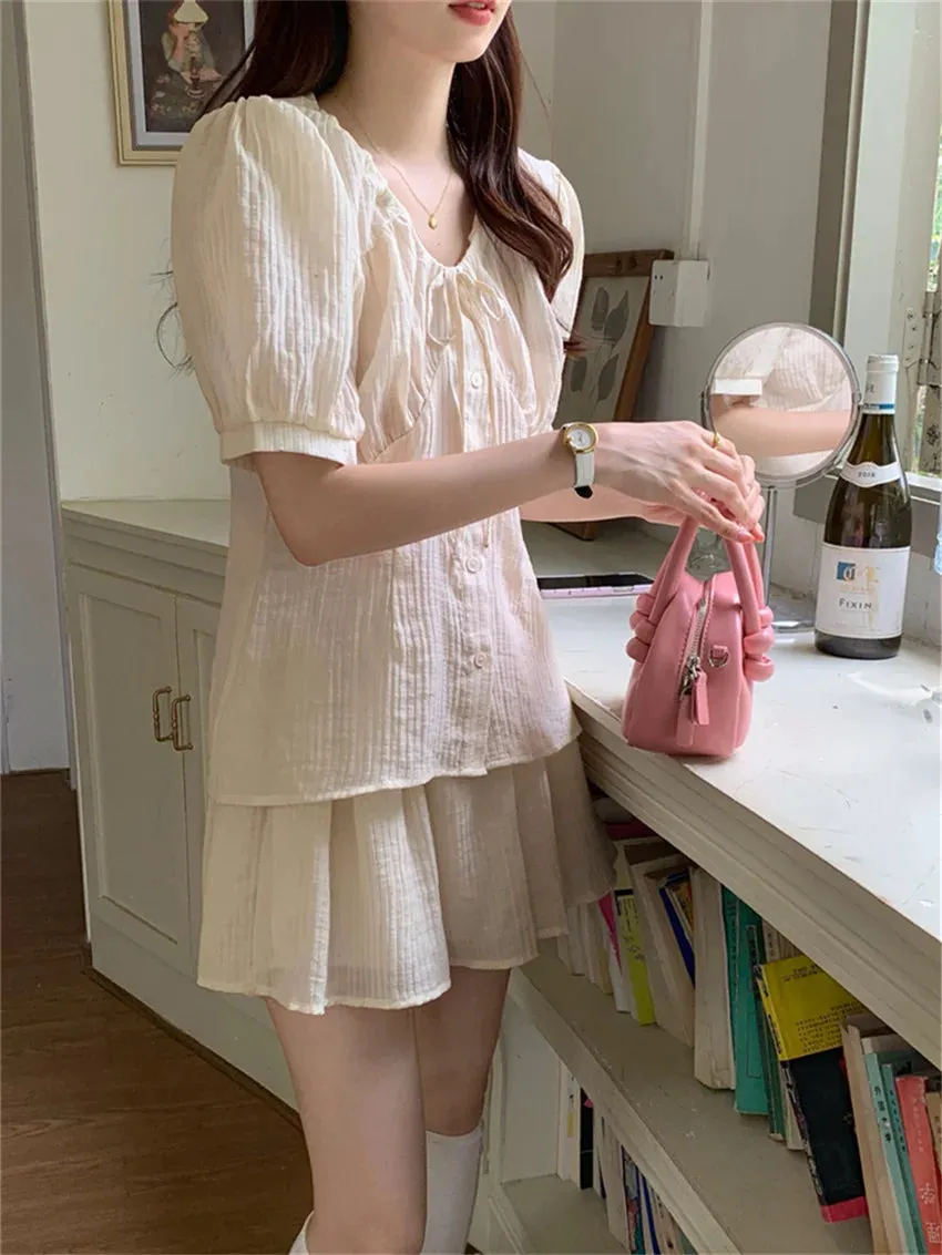 Girlary Apricot Women Sweet Suits Elegant Summer Daily Office Lady Solid Shirts Slim All Match Loose Shorts Gentle Sets