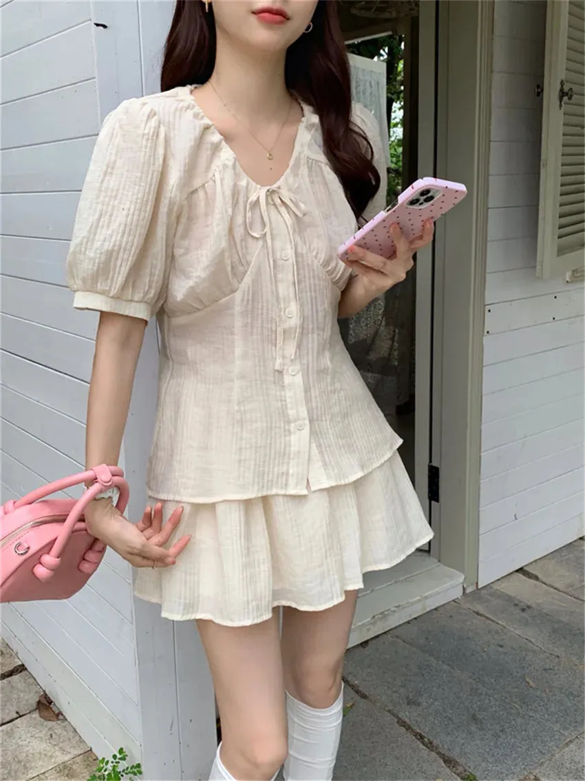 Girlary Apricot Women Sweet Suits Elegant Summer Daily Office Lady Solid Shirts Slim All Match Loose Shorts Gentle Sets