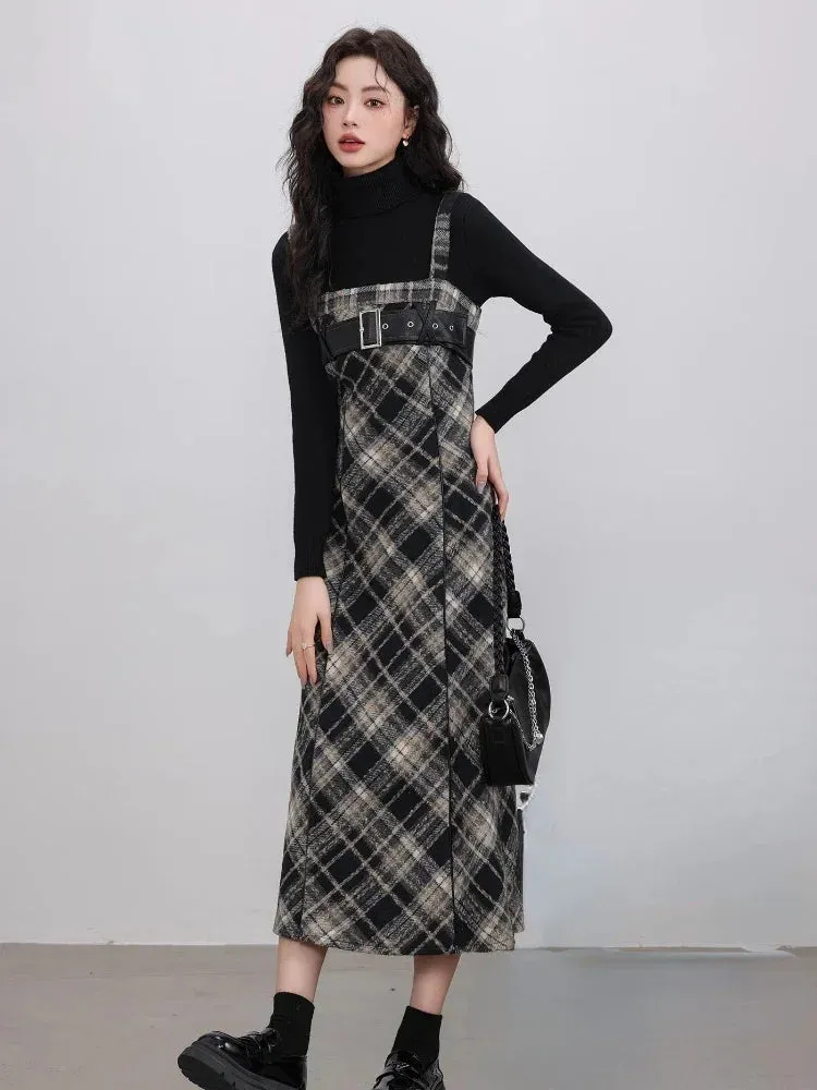 Girlary Autumn Elegant Plaid 2 Piece Dress Set Women Casual Black Blouse   Vintage Slim Strap Dress Korean Fashion Dress Suits New