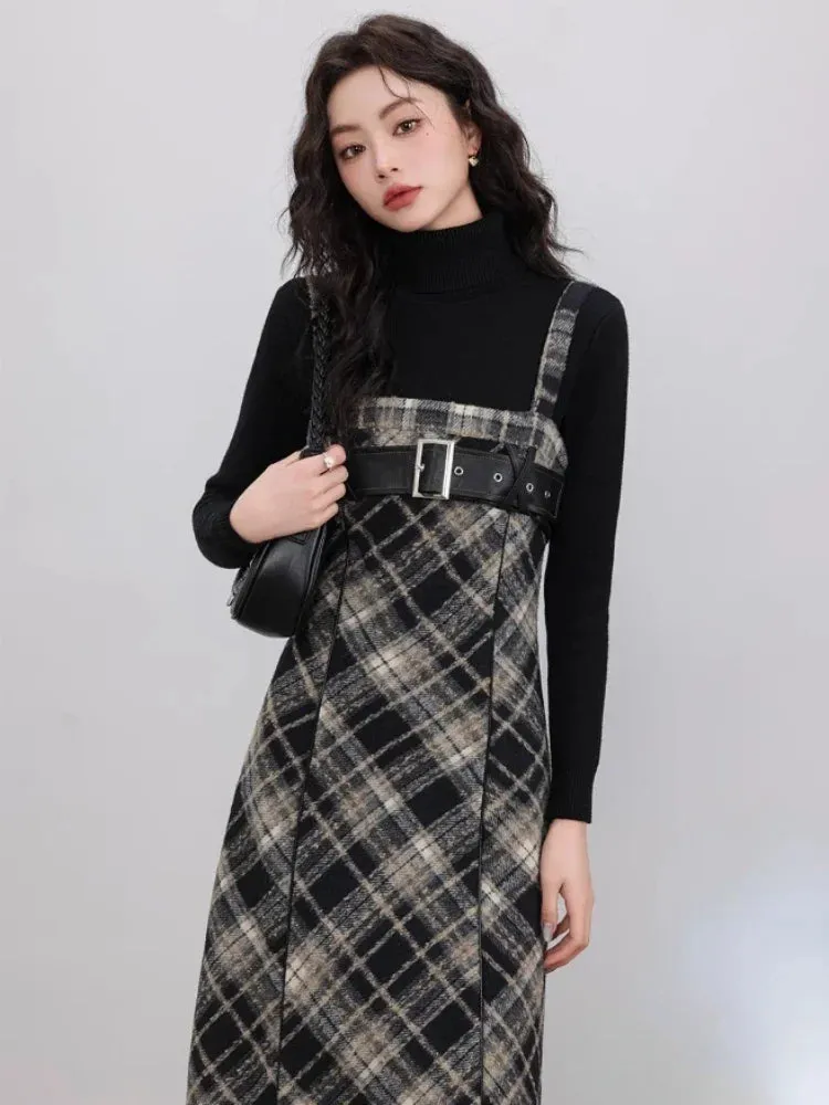 Girlary Autumn Elegant Plaid 2 Piece Dress Set Women Casual Black Blouse   Vintage Slim Strap Dress Korean Fashion Dress Suits New