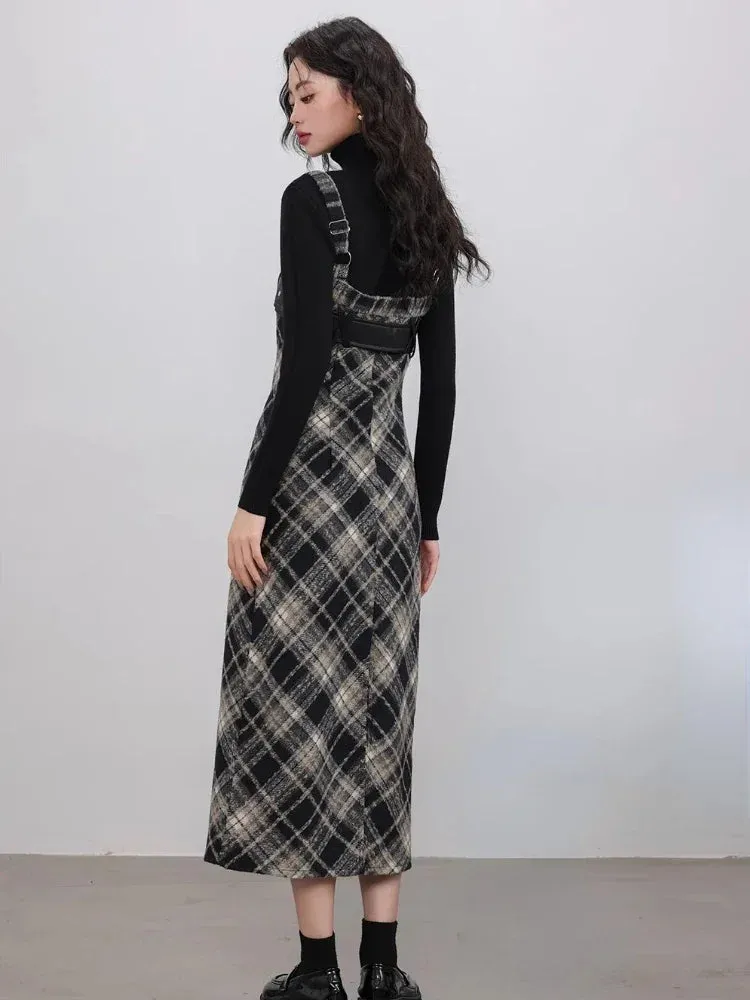 Girlary Autumn Elegant Plaid 2 Piece Dress Set Women Casual Black Blouse   Vintage Slim Strap Dress Korean Fashion Dress Suits New