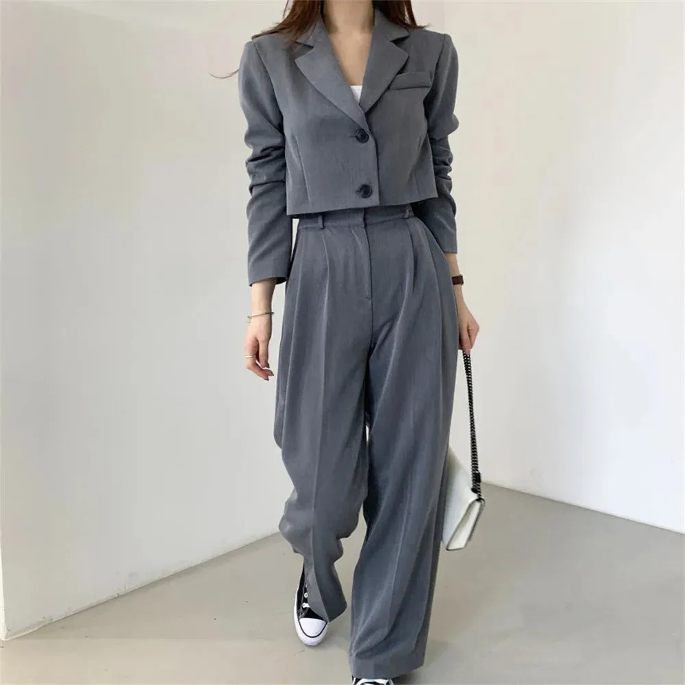 Girlary Chic OL Solid Two Pieces Sets Women Slim Casual Blazers Spring Office Lady Elegant Work Wear Loose Pants Suits