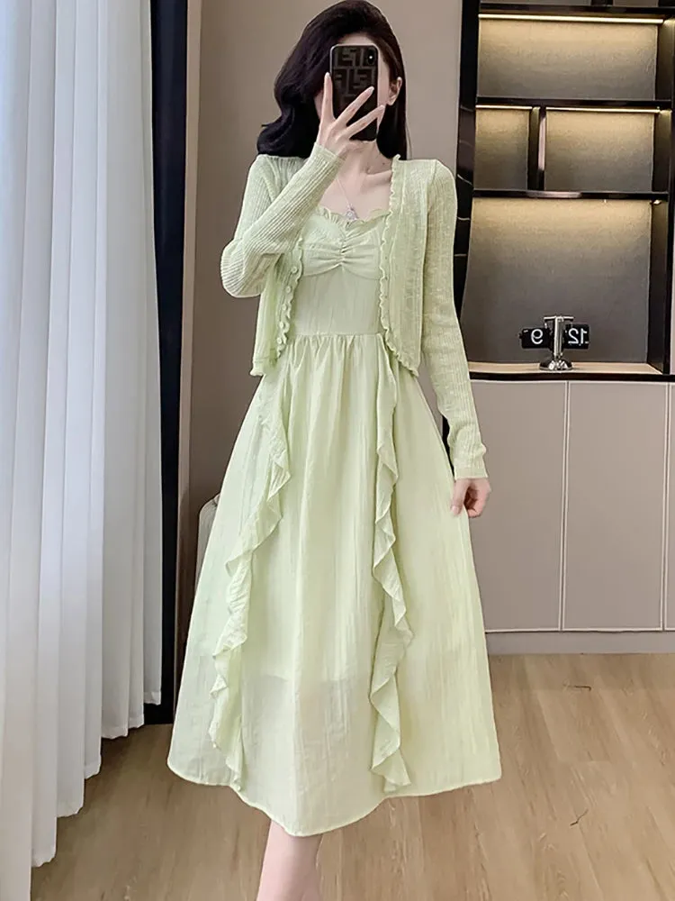 Girlary Spring Summer Korean Fashion Elegant Holiday Dress Suits 2024 Women Green Knitted Cardigan Ruffled Casual Sling Long Dress Suits