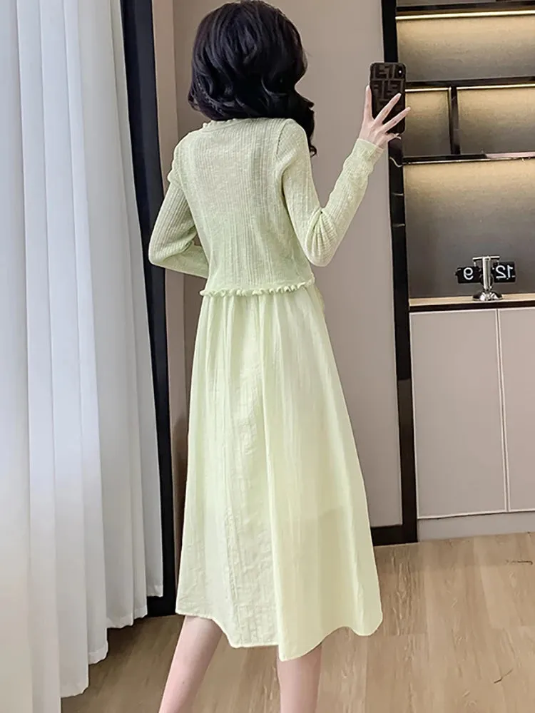 Girlary Spring Summer Korean Fashion Elegant Holiday Dress Suits 2024 Women Green Knitted Cardigan Ruffled Casual Sling Long Dress Suits