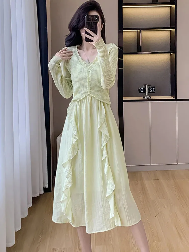 Girlary Spring Summer Korean Fashion Elegant Holiday Dress Suits 2024 Women Green Knitted Cardigan Ruffled Casual Sling Long Dress Suits