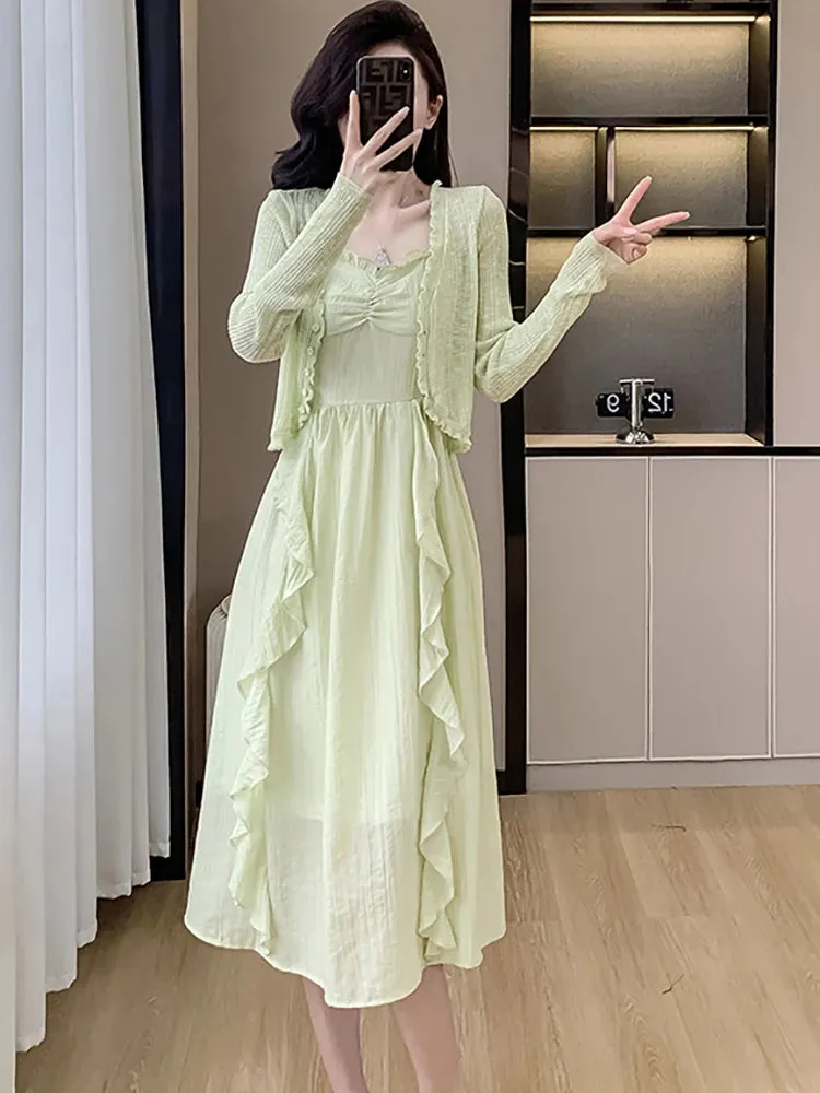 Girlary Spring Summer Korean Fashion Elegant Holiday Dress Suits 2024 Women Green Knitted Cardigan Ruffled Casual Sling Long Dress Suits