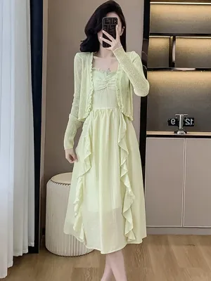 Girlary Spring Summer Korean Fashion Elegant Holiday Dress Suits 2024 Women Green Knitted Cardigan Ruffled Casual Sling Long Dress Suits