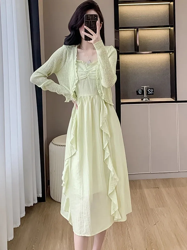 Girlary Spring Summer Korean Fashion Elegant Holiday Dress Suits 2024 Women Green Knitted Cardigan Ruffled Casual Sling Long Dress Suits