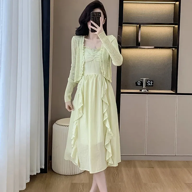 Girlary Spring Summer Korean Fashion Elegant Holiday Dress Suits 2024 Women Green Knitted Cardigan Ruffled Casual Sling Long Dress Suits