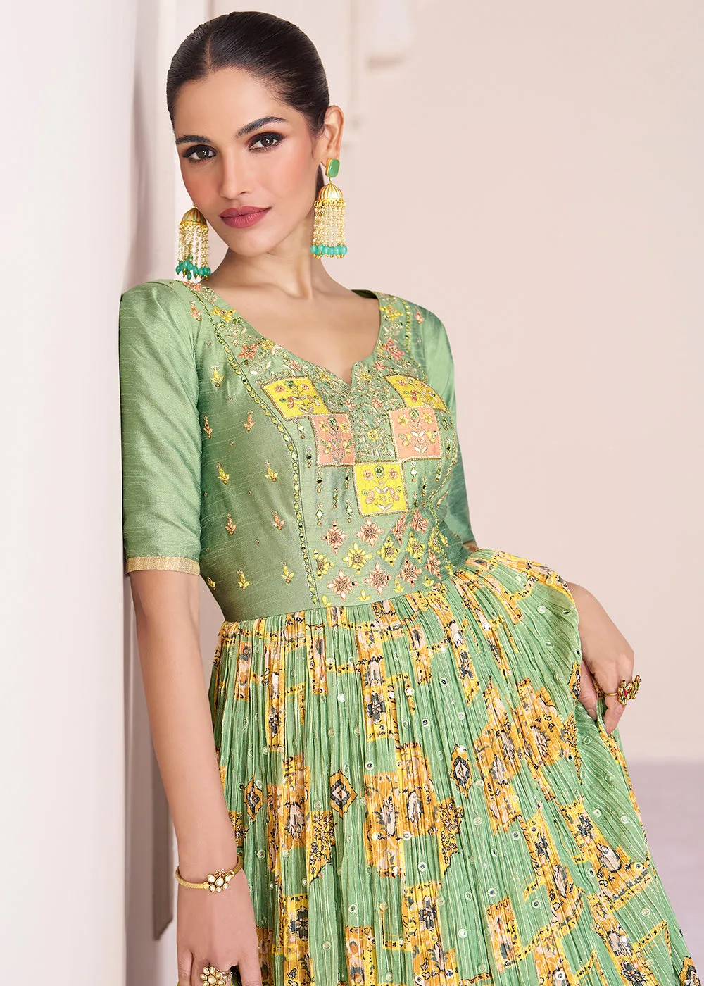 Green & Yellow Chinnon Silk Printed & Embroidered Anarkali Dress