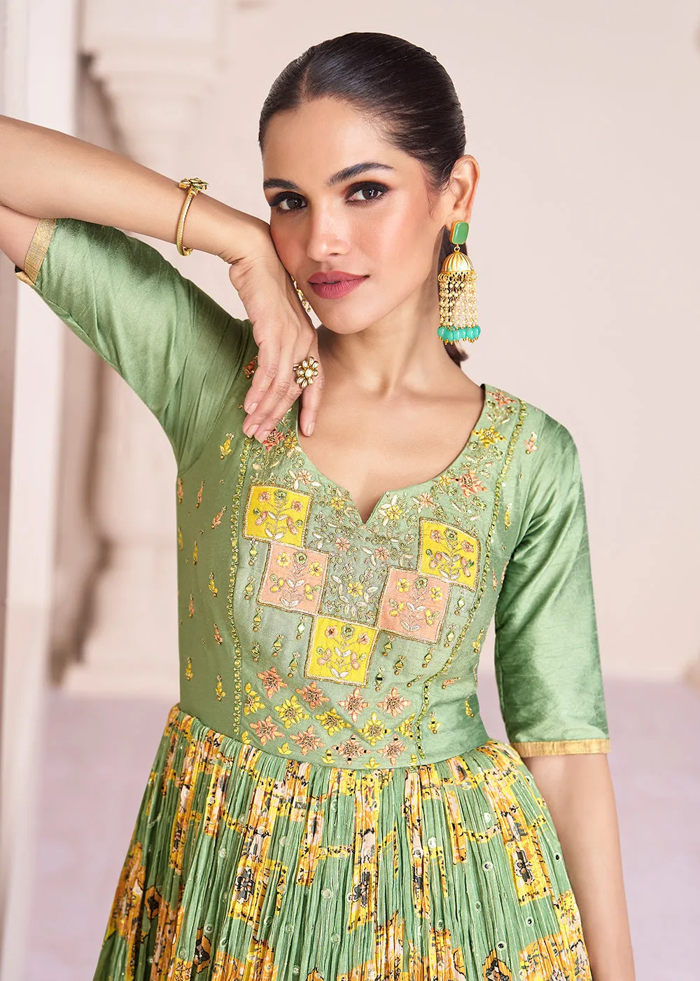 Green & Yellow Chinnon Silk Printed & Embroidered Anarkali Dress