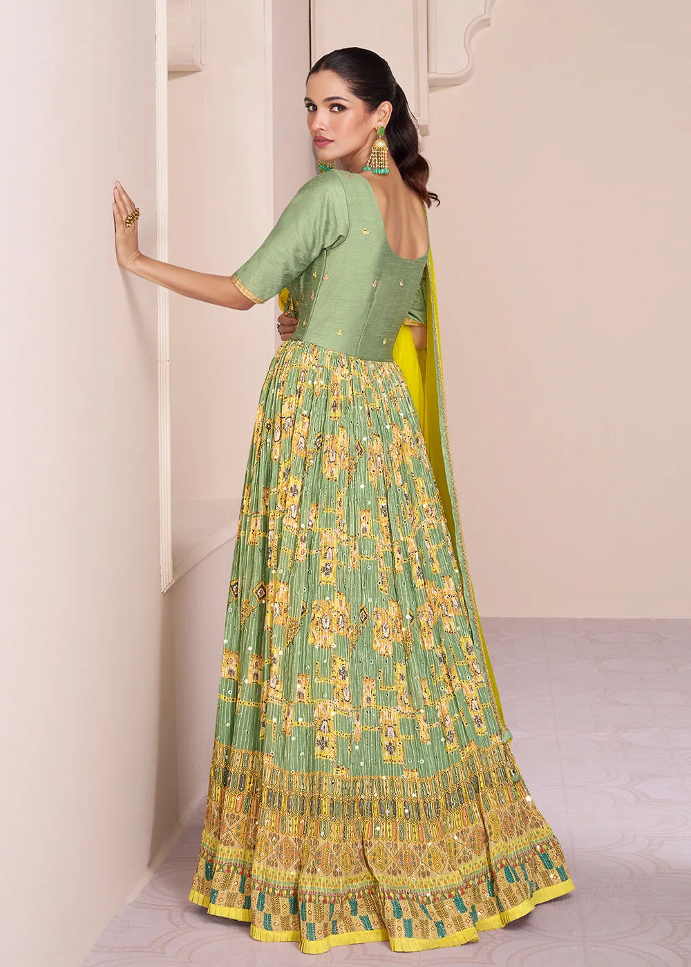 Green & Yellow Chinnon Silk Printed & Embroidered Anarkali Dress