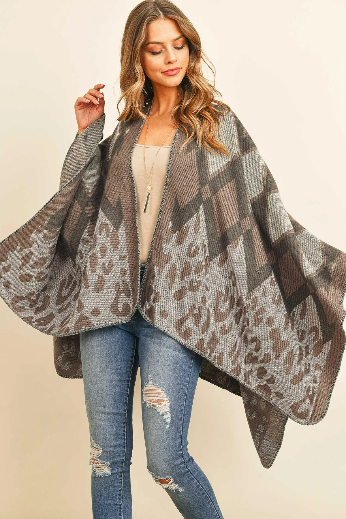 Hdf3142-Chevron Leopard Open Front Kimono