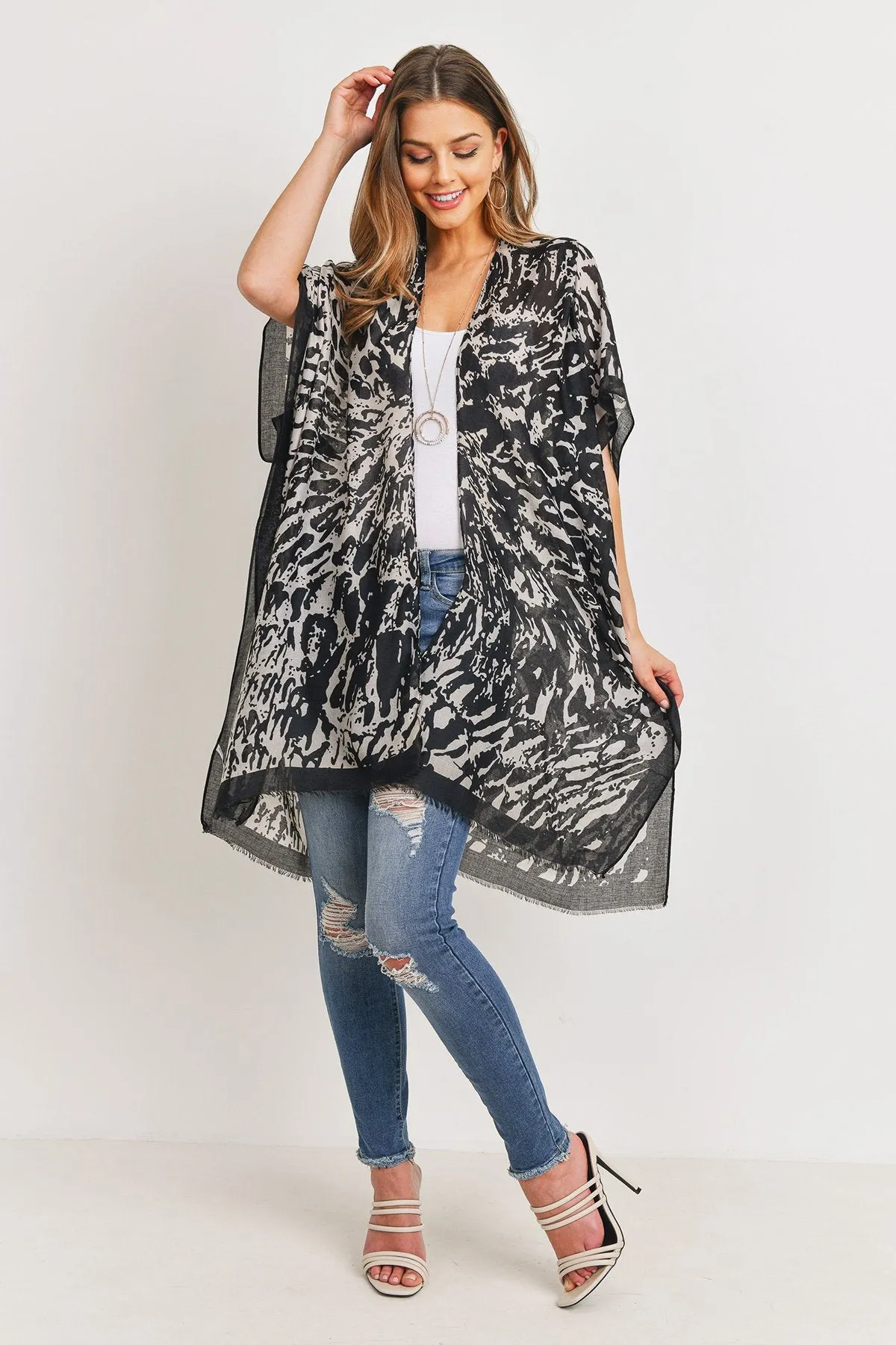 Hdf3164 - Abstract Print Open Front Kimono