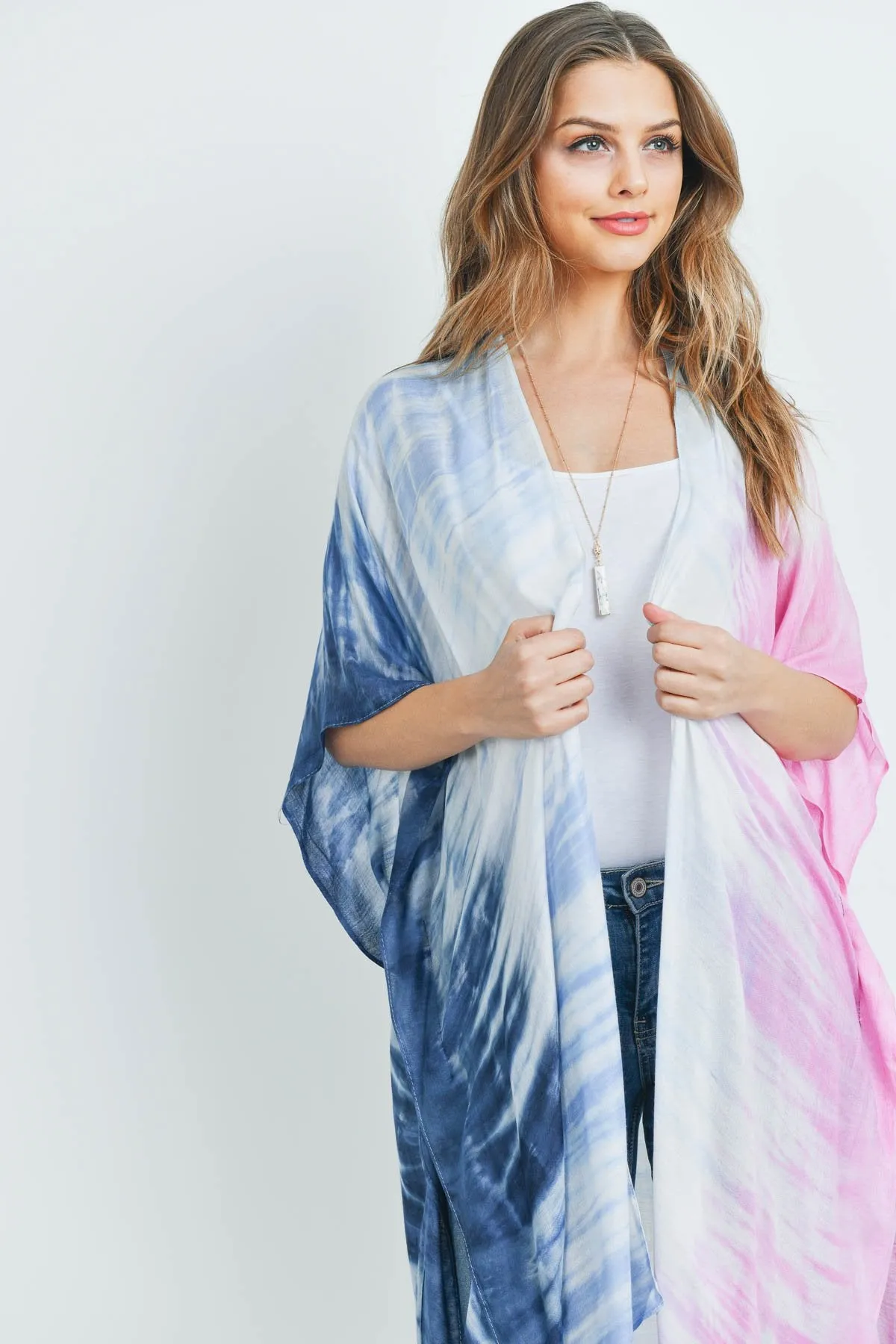 Hdf3173 - Tie Dye Ombre Open Front Kimono