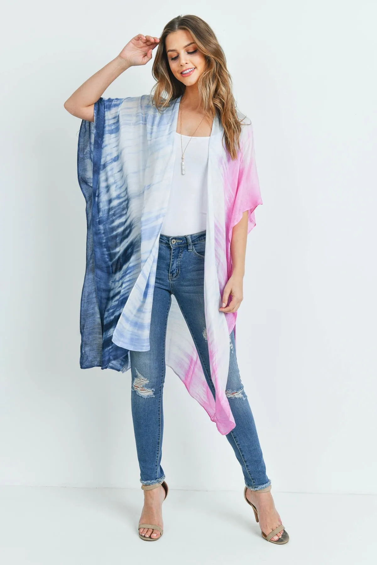 Hdf3173 - Tie Dye Ombre Open Front Kimono