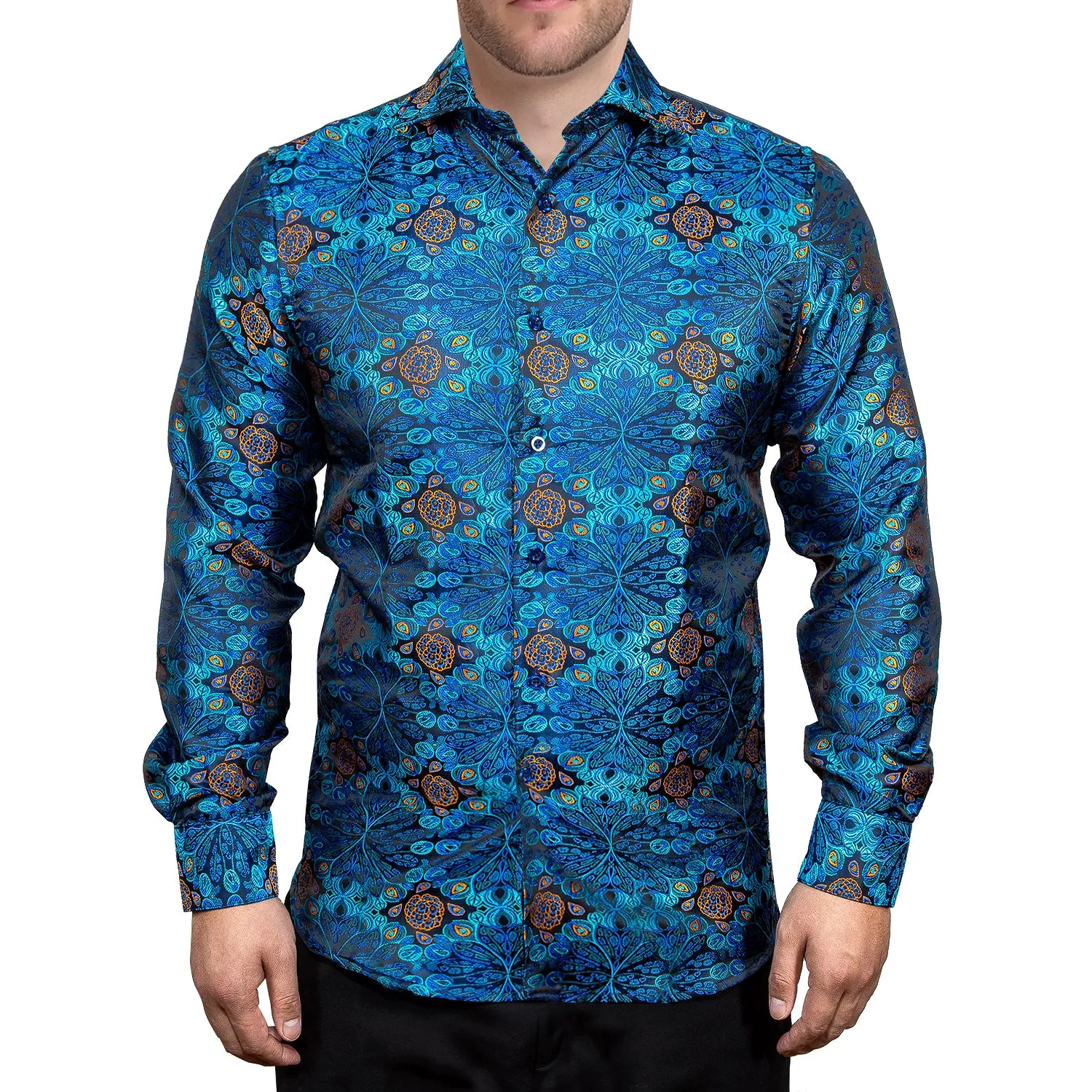 Hi-Tie Blue Dress Shirt Golden Floral Jacquard Button Up Shirt