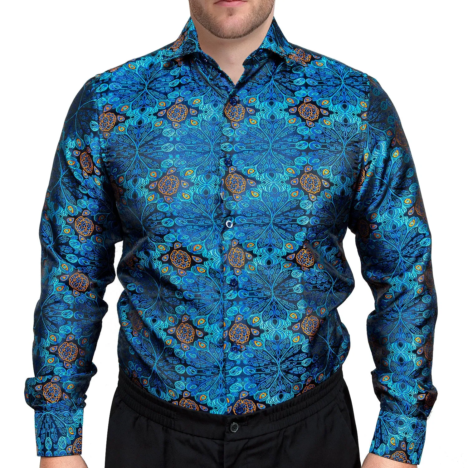 Hi-Tie Blue Dress Shirt Golden Floral Jacquard Button Up Shirt