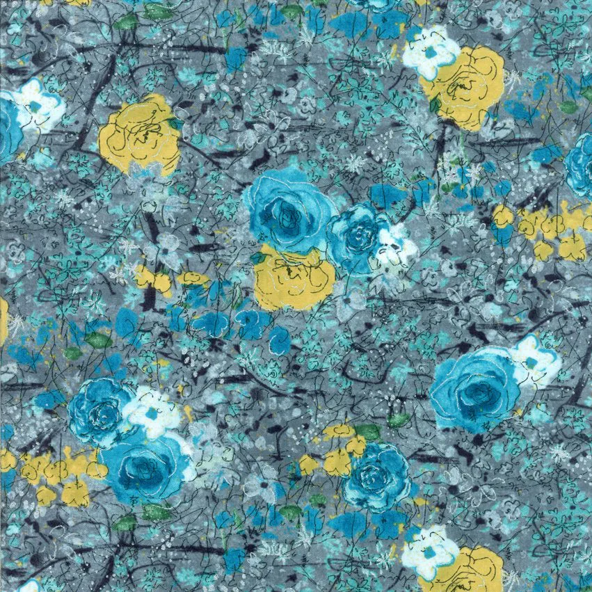 Hoffman California Fabrics Dream Blossom Blue Floral on Grey Cotton Prints