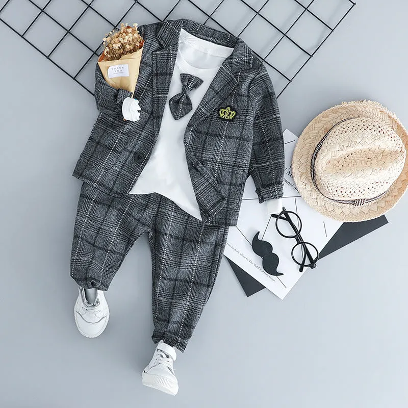 HYLKIDHUOSE Baby Boy Clothing Sets Male Children Clothes Suits Kid Gentleman Style Coats T Shirt Pants Grid Infant Clothes