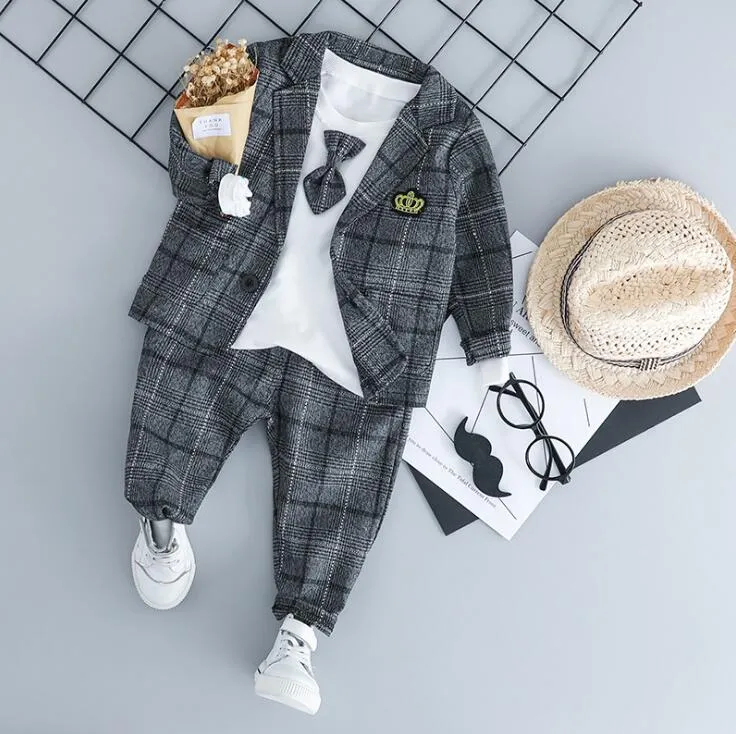 HYLKIDHUOSE Baby Boy Clothing Sets Male Children Clothes Suits Kid Gentleman Style Coats T Shirt Pants Grid Infant Clothes