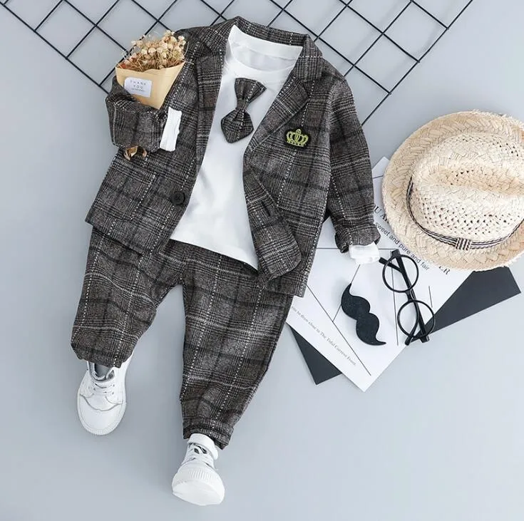 HYLKIDHUOSE Baby Boy Clothing Sets Male Children Clothes Suits Kid Gentleman Style Coats T Shirt Pants Grid Infant Clothes