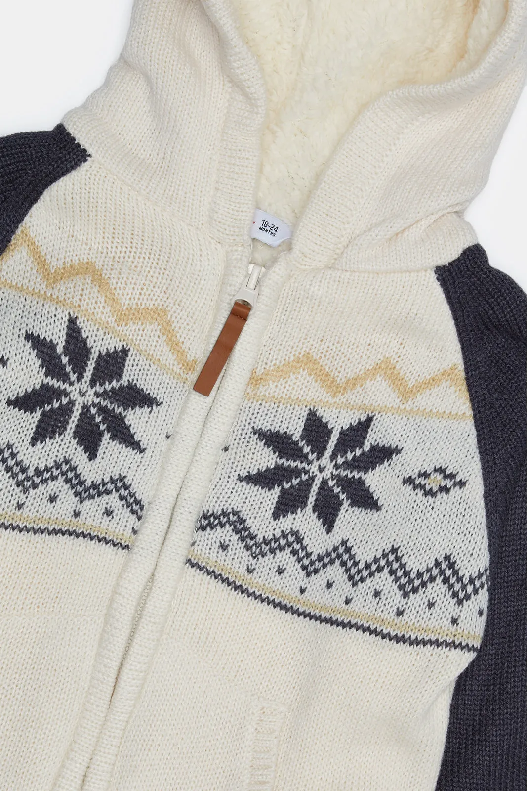 Infant Boys White And Navy Hoody Intarsia Sherpa Cardigan