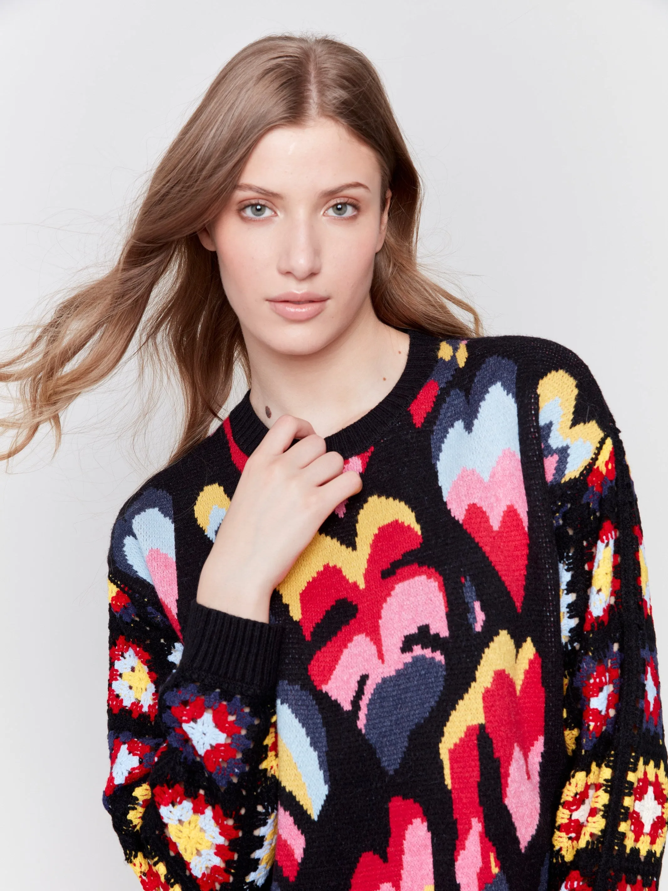 Jacquard Print Sweater with Crochet Sleeves - Black