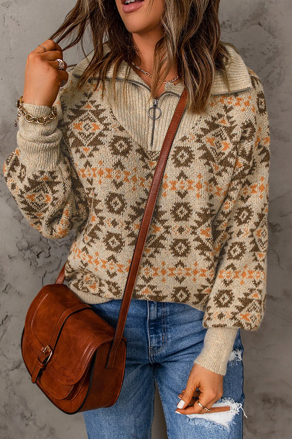 Khaki Aztec Zipped Sweater