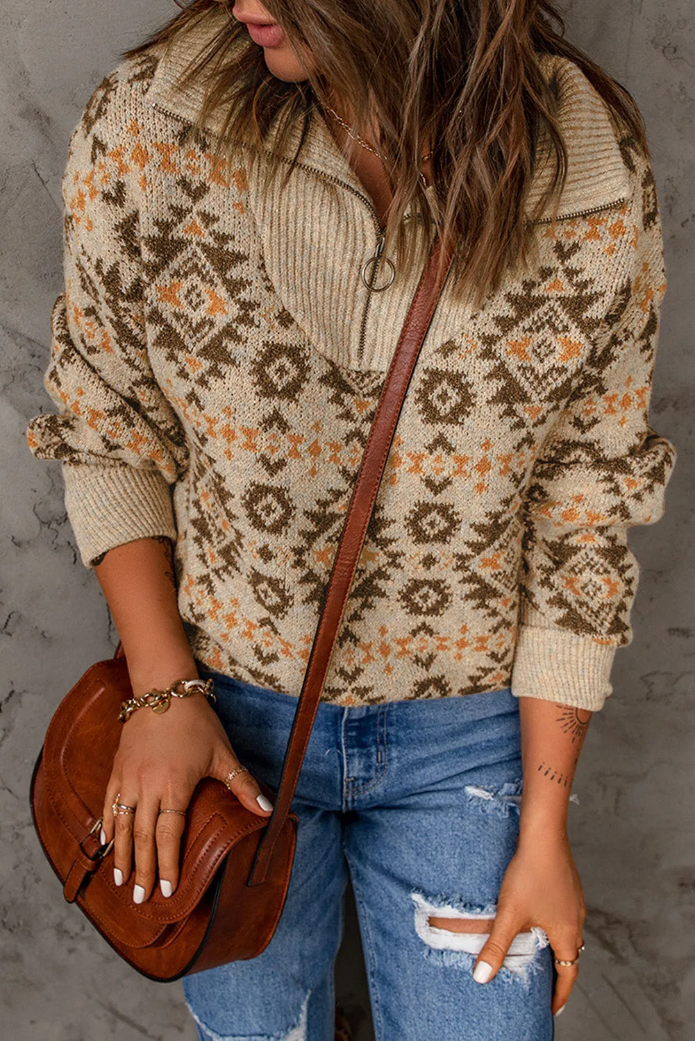 Khaki Aztec Zipped Sweater