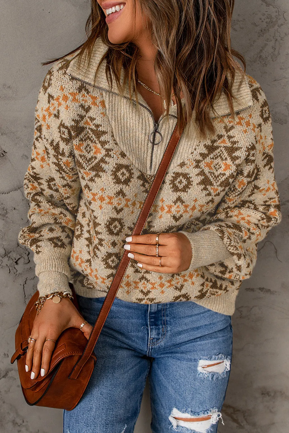 Khaki Aztec Zipped Sweater