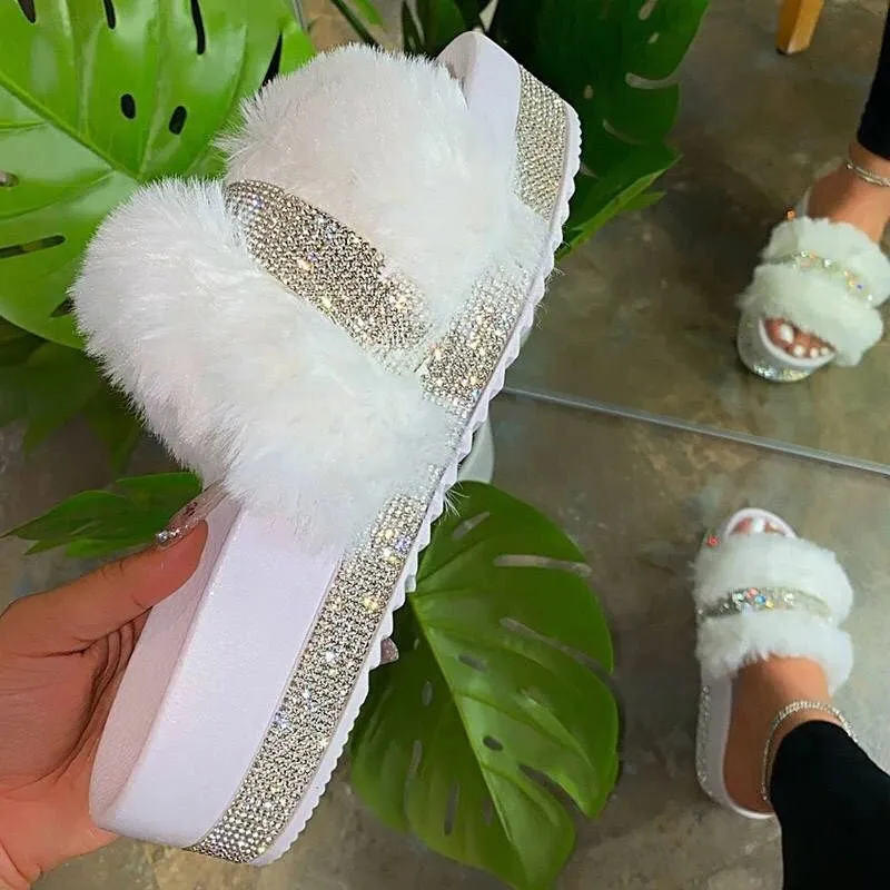 Large size rhinestone plush slipper