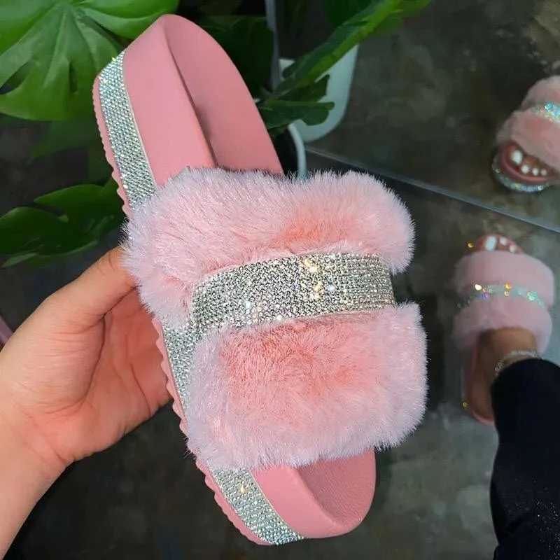 Large size rhinestone plush slipper