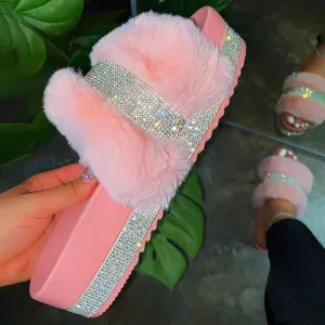 Large size rhinestone plush slipper